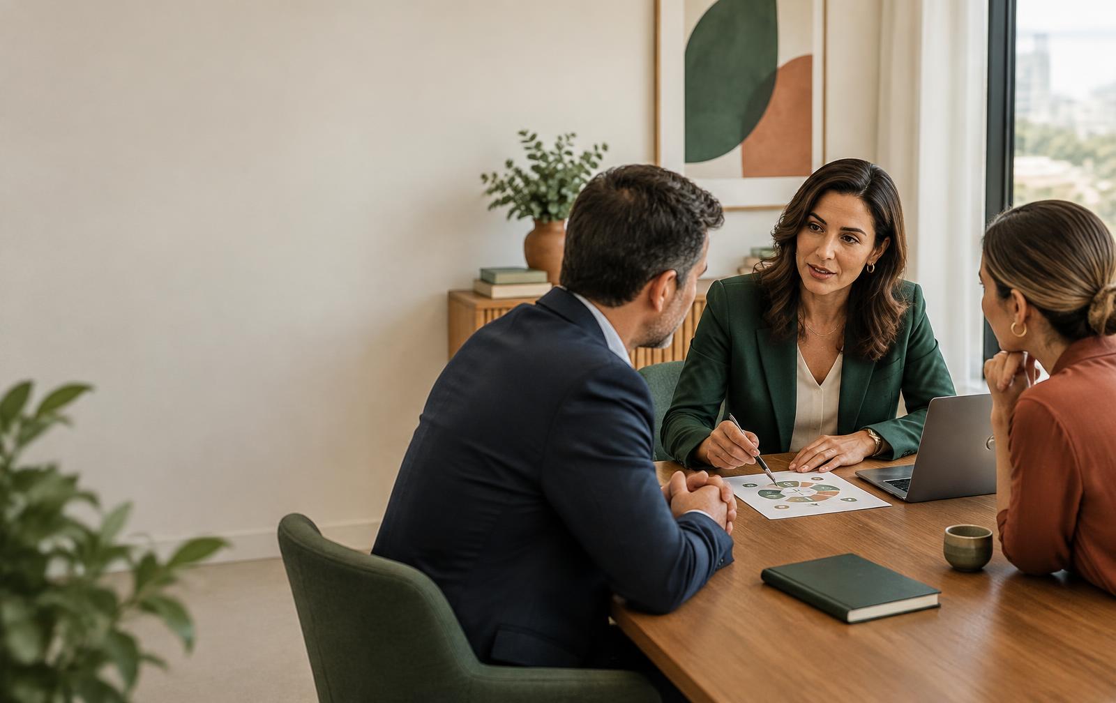 Consultora de seguros reunida com empresários em uma conversa estratégica